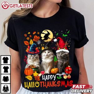 Happy HalloThanksMas Cats Halloween Thanksgiving Christmas T Shirt (1)