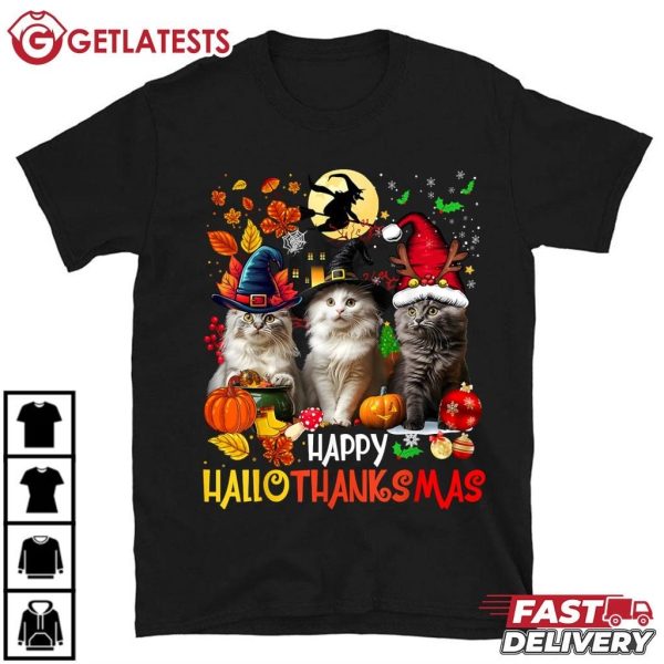 Happy HalloThanksMas Cats Halloween Thanksgiving Christmas T Shirt (2)