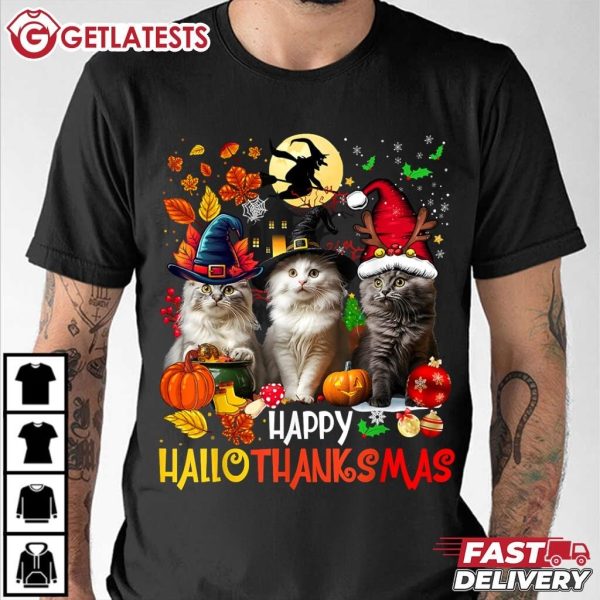 Happy HalloThanksMas Cats Halloween Thanksgiving Christmas T Shirt (3)