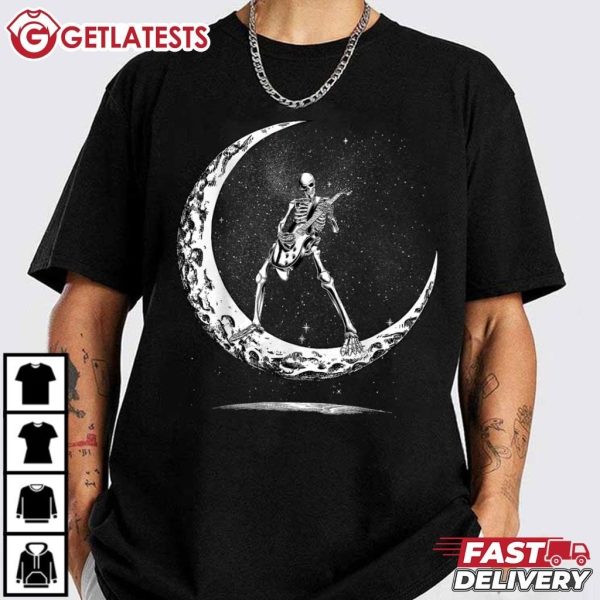 Skeleton Moon Rock And Roll Musician Guitar Lover Halloween T Shirt (3)