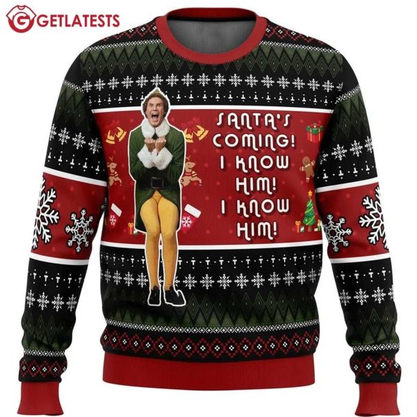 Buddy Hobbs Elf Santa's Coming I Know Him Ugly Christmas Sweater (1)