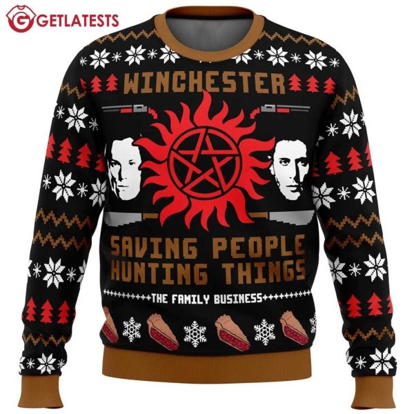 Winchesters Supernatural Saving People Hunting Things Ugly Christmas Sweater (3)