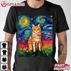 Orange Tabby Tiger Cat Starry Night Colorful Art by Aja T Shirt (3)