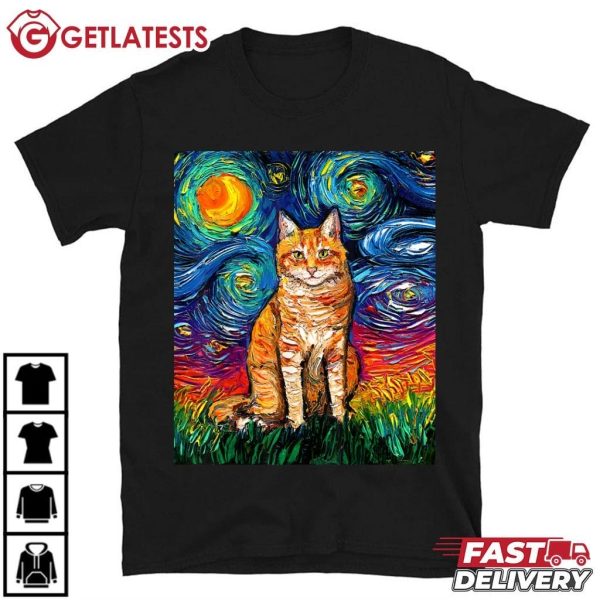 Orange Tabby Tiger Cat Starry Night Colorful Art by Aja T Shirt (2)