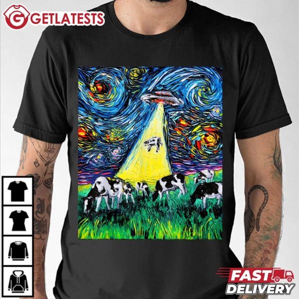 Alien Abduction Cows UFO Starry Night Funny T Shirt (3)