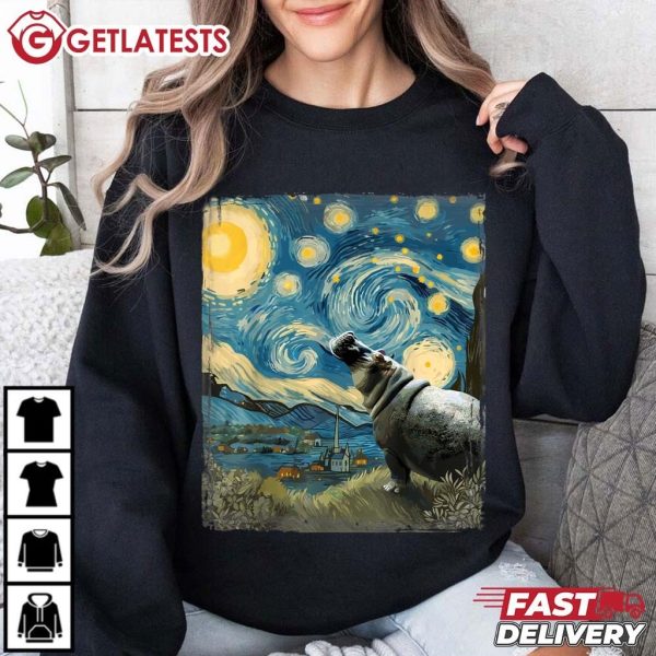 Hippopotamus Van Gogh Starry Night Hippo Artistic T Shirt (3)