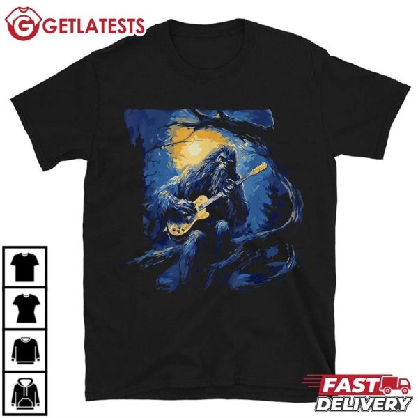 Bigfoot Playing a Guitar Starry Night Funny Sasquatch Rocker T Shirt (2)