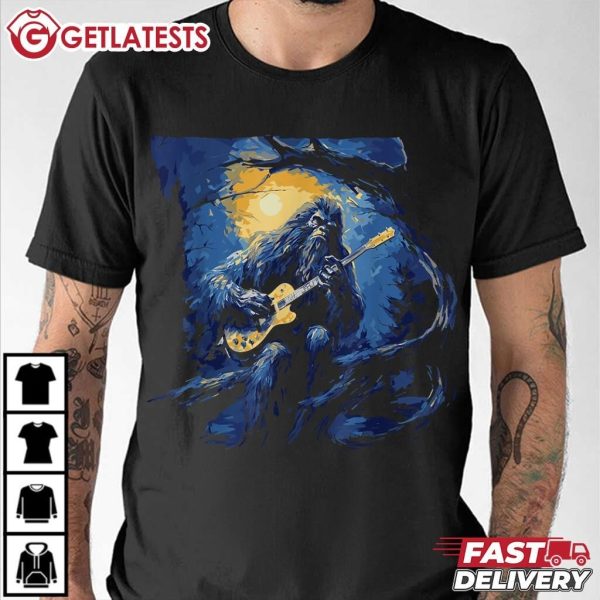 Bigfoot Playing a Guitar Starry Night Funny Sasquatch Rocker T Shirt (1)