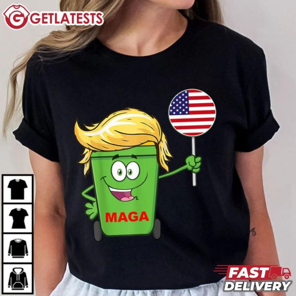 Trump MAGA Cartoon Garbage Can American Flag T Shirt (3)