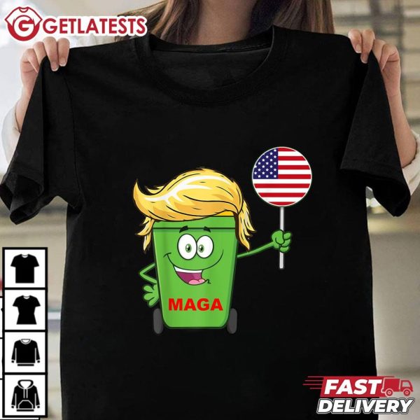 Trump MAGA Cartoon Garbage Can American Flag T Shirt (1)