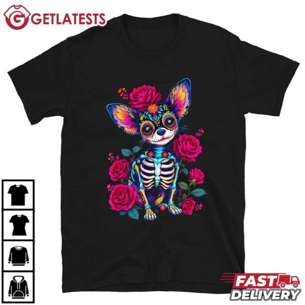 Mexican Sugar Skull Chihuahua Dia De Los Muertos Halloween T Shirt (2)