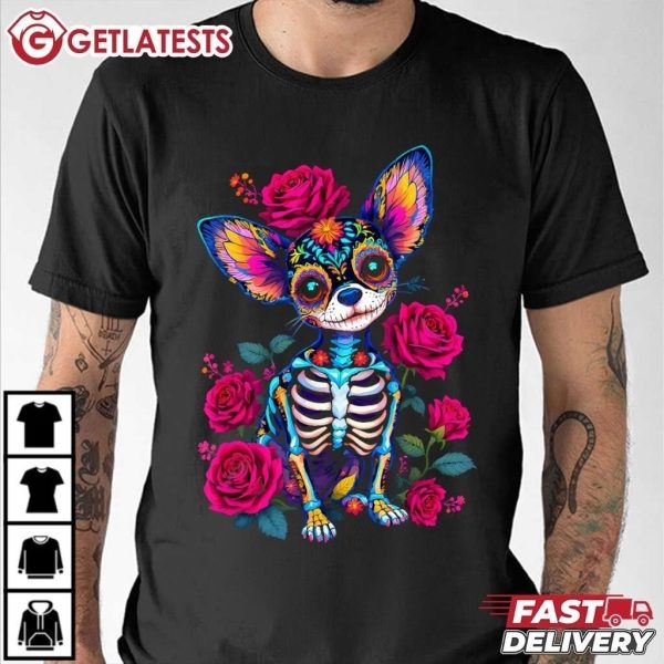 Mexican Sugar Skull Chihuahua Dia De Los Muertos Halloween T Shirt (1)