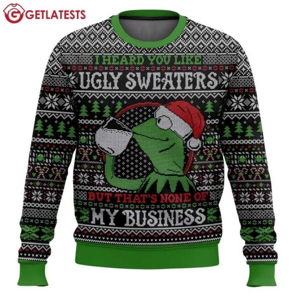 Kermit The Frog Santa Hat That's None Of My Business Meme Ugly Sweater (2)