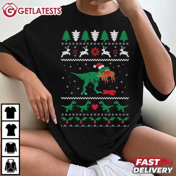 T Rex Eating Reindeer Jurassic Christmas T Shirt (4)