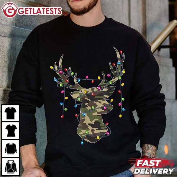 Reindeer Camo Hunting Christmas Lights Holiday T Shirt (3)