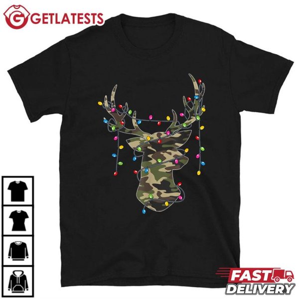 Reindeer Camo Hunting Christmas Lights Holiday T Shirt (2)