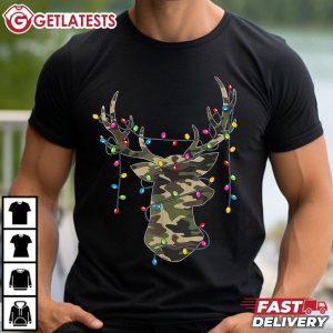 Reindeer Camo Hunting Christmas Lights Holiday T Shirt (1)