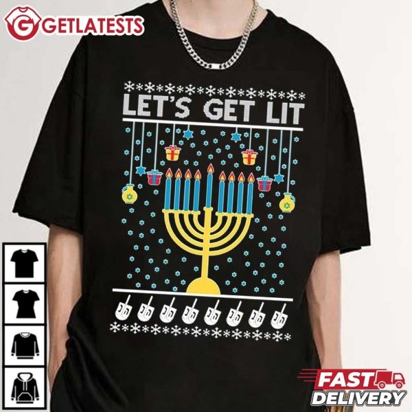 Ugly Hanukkah Let's Get Lit Hanukkah Menorah T Shirt (1)