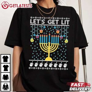 Ugly Hanukkah Let's Get Lit Hanukkah Menorah T Shirt (3)