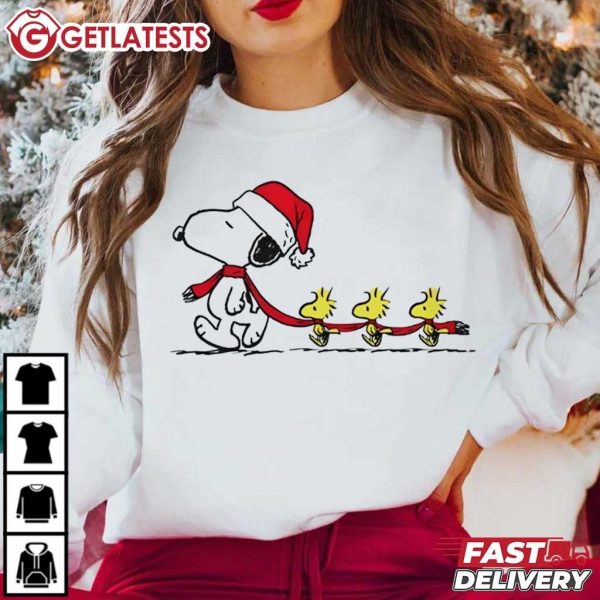 Snoopy And Woodstock Walking in Winter Christmas T Shirt (1)