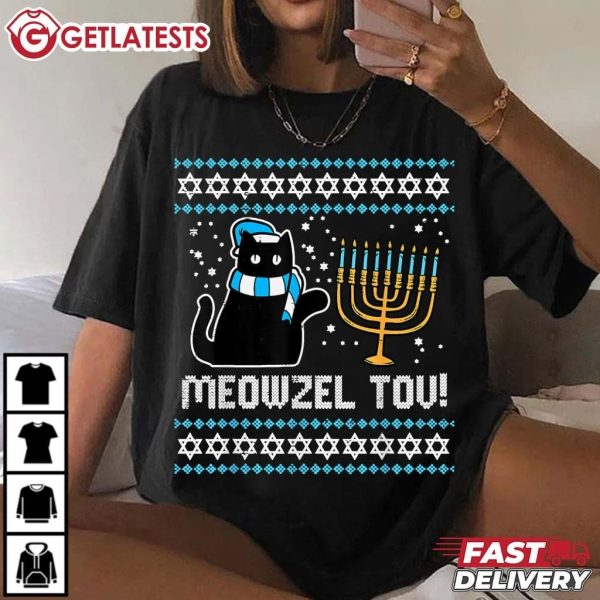 Meowzel Tov Black Cat Hanukkah Chanukah T Shirt (1)