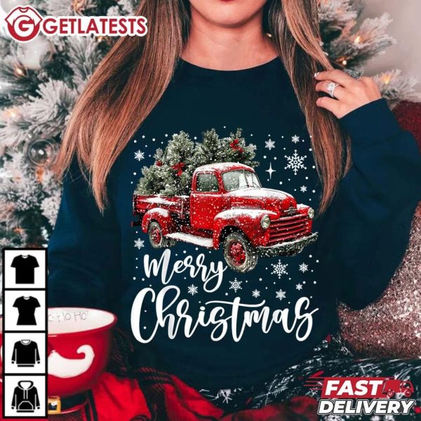 Merry Christmas Red Truck Christmas Tree T Shirt (3)