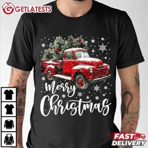 Merry Christmas Red Truck Christmas Tree T Shirt (2)