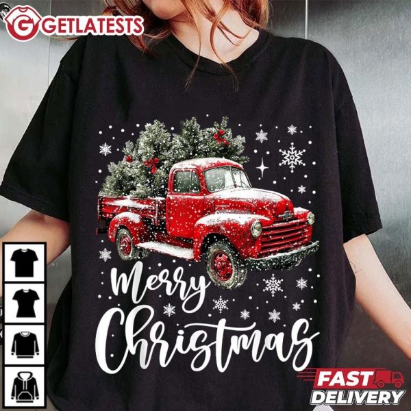 Merry Christmas Red Truck Christmas Tree T Shirt (1)