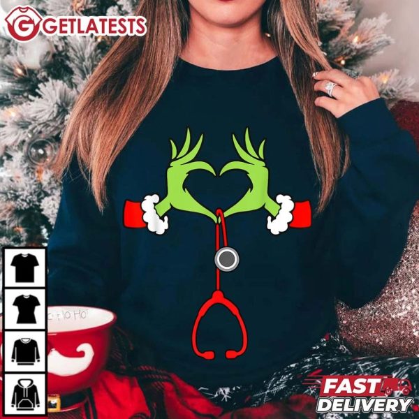 Grinch Hand Heart Nurse Stethoscope Christmas T Shirt (3)