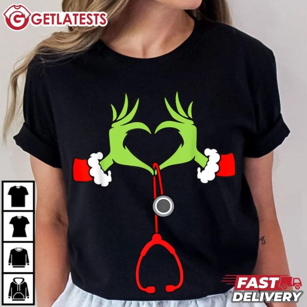 Grinch Hand Heart Nurse Stethoscope Christmas T Shirt (1)