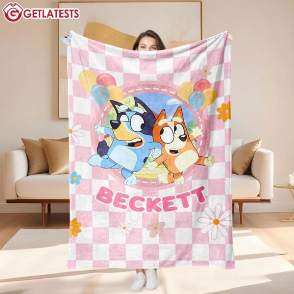 Pink Bluey And Bingo Custom Name Kids Fleece Blanket (4)