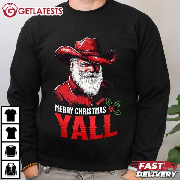 Merry Christmas Yall Cowboy Santa Texas Western Howdy Xmas T Shirt (3)