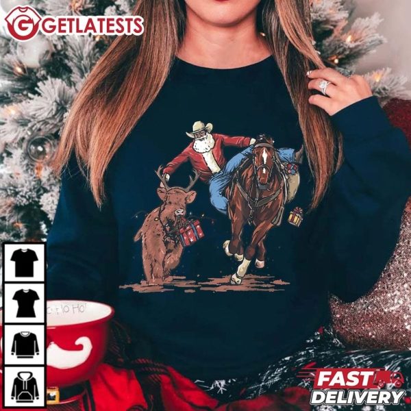 Cowboy Santa Bulldogging Western Funny Christmas T Shirt (1)