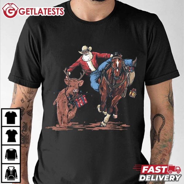 Cowboy Santa Bulldogging Western Funny Christmas T Shirt (3)