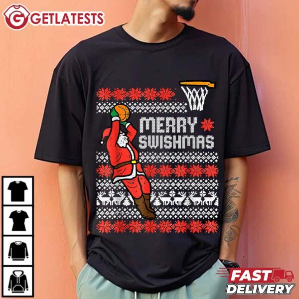 Merry Swishmas Santa Plays Basketball Funny Christmas T Shirt (1)