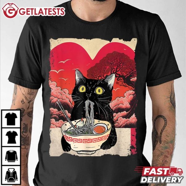 Kawaii Cat Eating Ramen Valentines Day T Shirt (3)