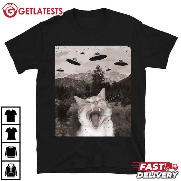 Cat Selfie With UFO Funny Cat Meme T Shirt (2)