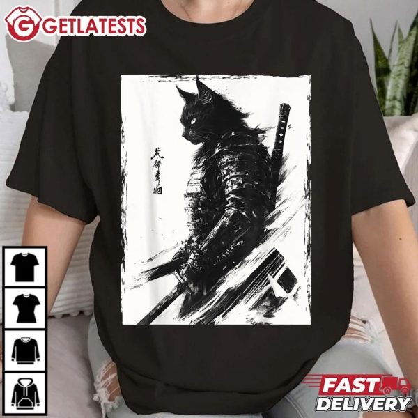 Samurai Warrior Cat Graphic Vintage Japanese Art T Shirt (1)