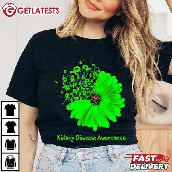 Kidney Disease Awareness Ribbon Green Sunflower Hope T Shirt (1)