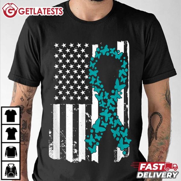 Ovarian Cancer Awareness Butterfly Teal Ribbon US Flag T Shirt (2)