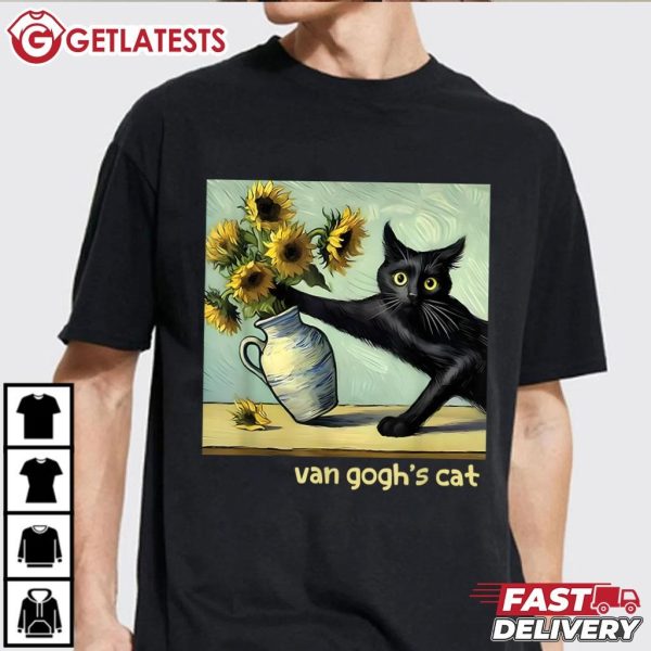 Van Gogh Black Cat With Sunflowers Funny Art T Shirt (2)