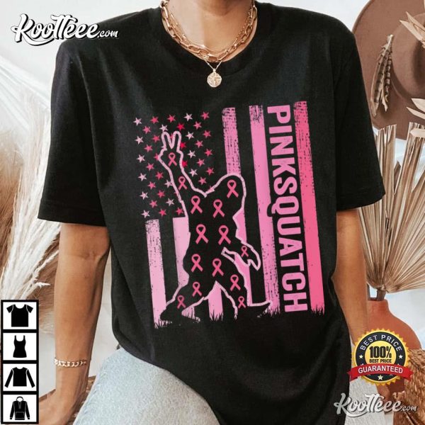 Sasquatch Breast Cancer Awareness American Flag Bigfoot T-Shirt