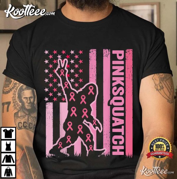 Sasquatch Breast Cancer Awareness American Flag Bigfoot T-Shirt