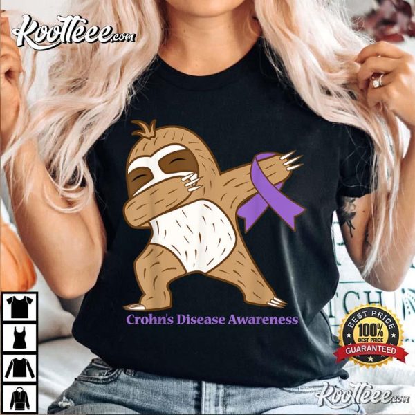 Crohn’s Disease Awareness Ribbon Dabbing Sloth Warrior Gift T-Shirt