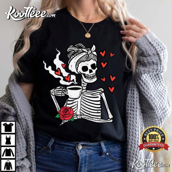 Valentines Day Woman Skeleton Messy Bun T-Shirt