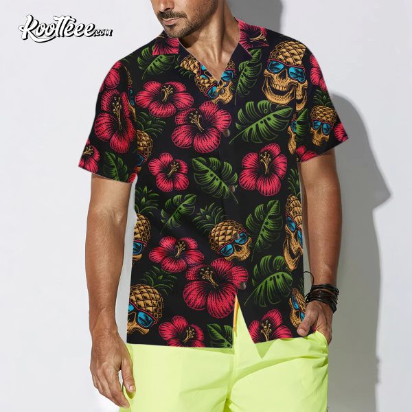 Pineapple Skull Tropical Flowers Black Hawaiian Shirt