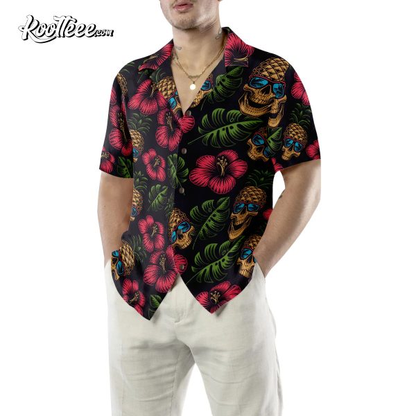 Pineapple Skull Tropical Flowers Black Hawaiian Shirt