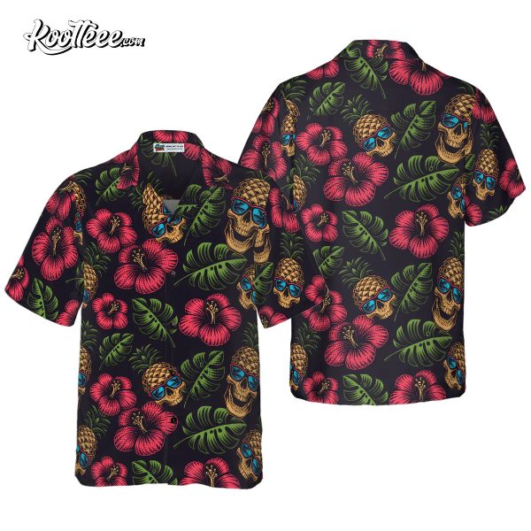 Pineapple Skull Tropical Flowers Black Hawaiian Shirt