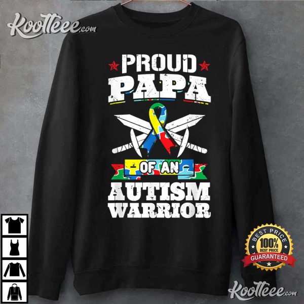 Proud Papa Of An Autism Warrior Awareness Ribbon T-Shirt
