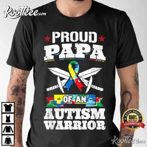 Proud Papa Of An Autism Warrior Awareness Ribbon T Shirt 2